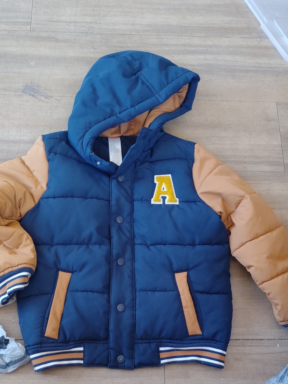 Kids Gymboree Navy and Tan Puffer Hooded Jacket with 'A' Patch Size 7 Boys